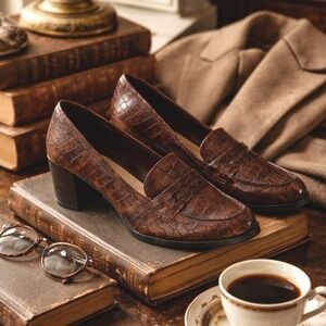 MIA Amore Brown Croc Embossed Memory Foam Block Heel Loafers Size 11W Brown